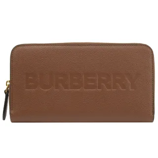 【BURBERRY 巴寶莉】經典品牌烙印LOGO小牛皮拉鍊發財零錢長夾(咖)