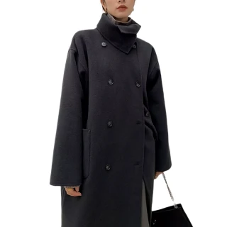 【巴黎精品】毛呢大衣羊毛外套(黑色立領雙排扣繫帶女外套p1aq34)