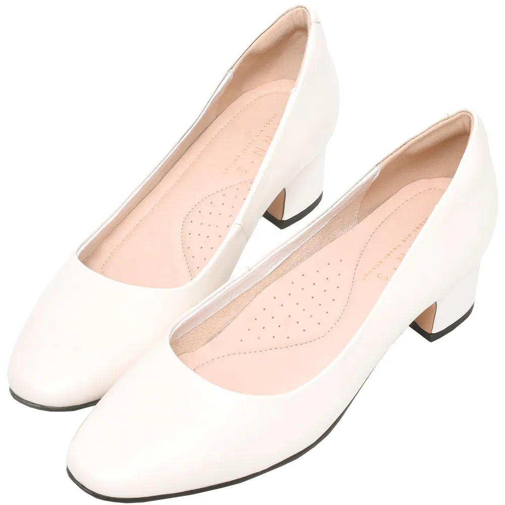 【Ann’S】素面通勤鞋-小羊皮全真皮杏仁楦粗跟包鞋-4cm(米白)