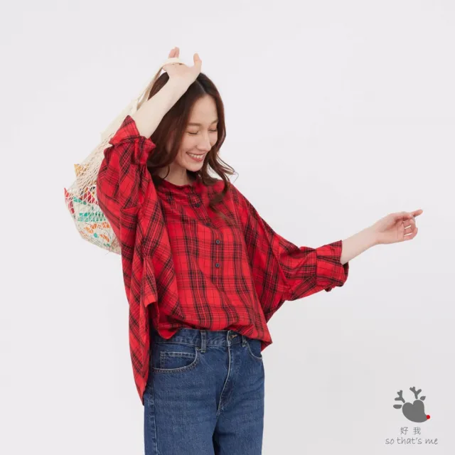 【so that’s me 好我】Tracy半開襟寬版八分袖襯衫(紅格紋)