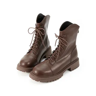 【HERLS】厚底靴-率性圓頭綁帶中筒厚底靴(深棕色)