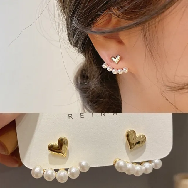 【Emi 艾迷】甜蜜愛心珍珠上下925銀針耳環