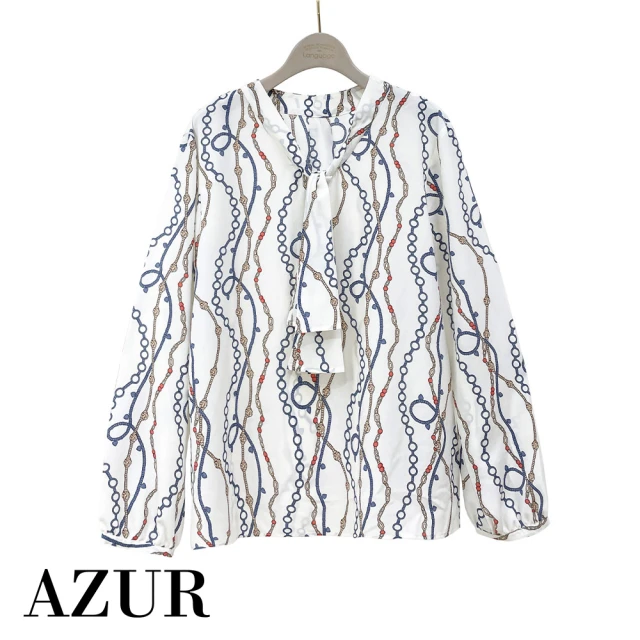 【AZUR】時尚鍊條印花領結雪紡上衣