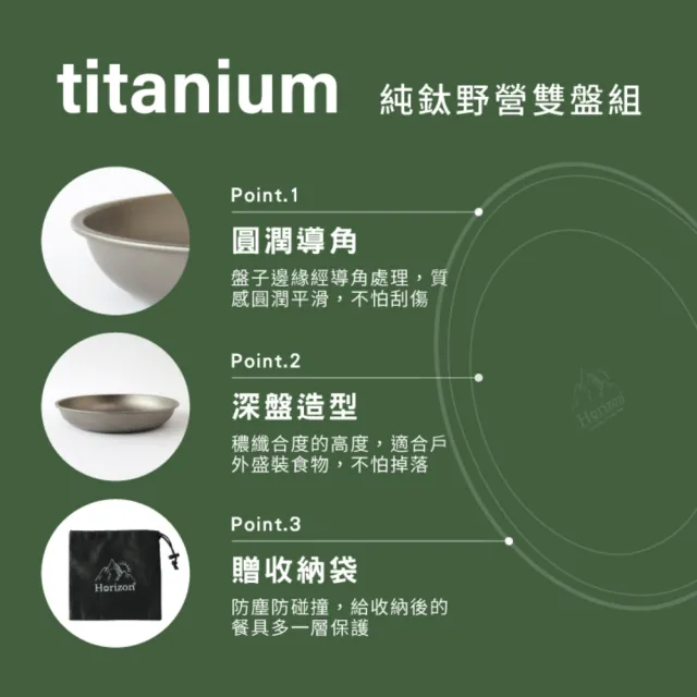 【Horizon 天際線】戶外野營純鈦盤大小雙盤組(鈦盤18cm+15cm/附收納袋 純鈦圓盤)
