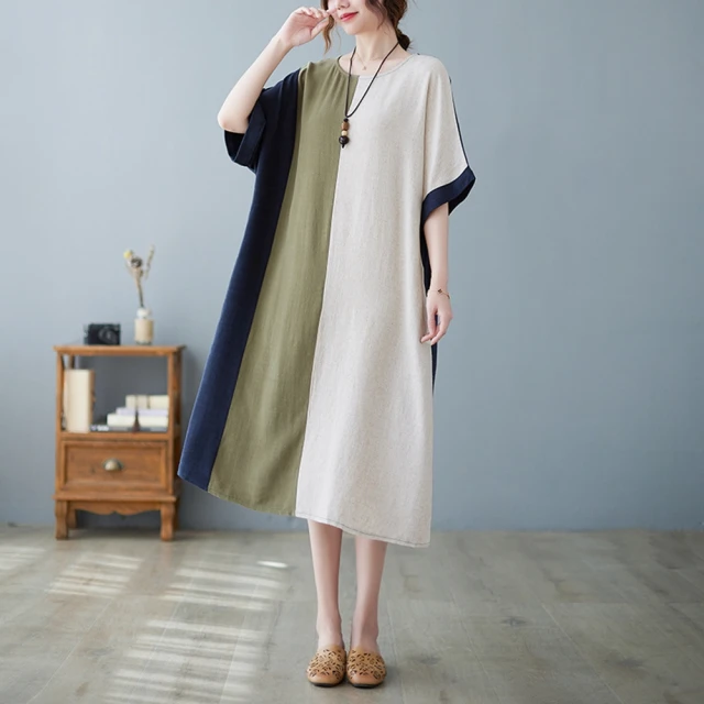 【米蘭精品】連身裙棉麻洋裝(拼色寬鬆休閒夏季女裙子74cs36)