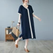 【米蘭精品】連身裙棉麻洋裝(撞色拼接寬鬆短袖女裙子2色74cs78)