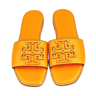 【TORY BURCH】TORY BURCH 簍空雙T LOGO牛皮平底拖鞋(橙黃)