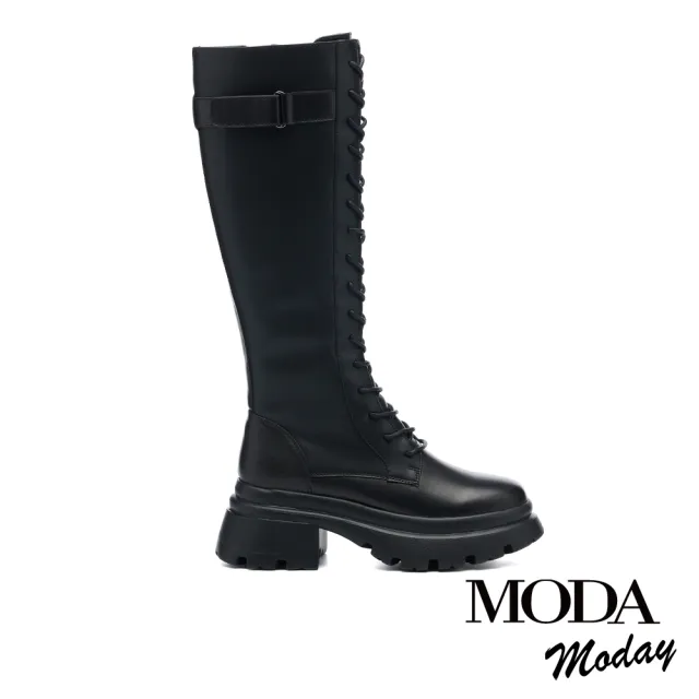 【MODA Moday】個性綁帶牛皮帶釦側拉鍊厚底長靴(黑)