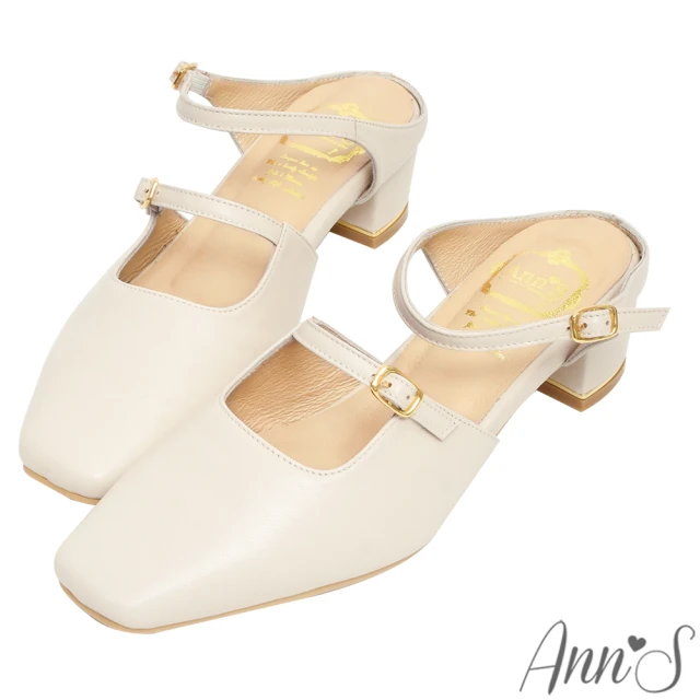 【Ann’S】少女芳心-頂級綿羊皮雙帶瑪莉珍方頭穆勒鞋-4cm-版型偏小(米白)