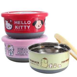 布丁狗/Hello Kitty304不鏽鋼圓形保鮮餐碗-大-紅色/粉紅色-3入組(兒童隔熱碗)