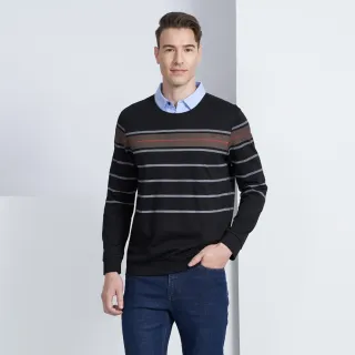 【pierre cardin 皮爾卡登】休閒服飾 襯衫領假兩件條紋印花長袖POLO衫-黑色(5225295-99)