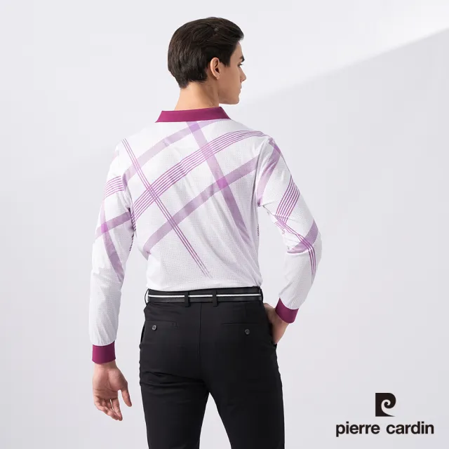 【pierre cardin 皮爾卡登】商務休閒 大定位斜格印花長袖POLO衫-紫色(5225259-28)