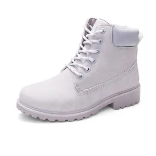 【E&B】特殊設計撞色6孔低跟短筒工裝馬丁靴(淺灰)