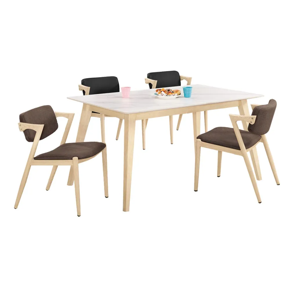 【BODEN】明斯4.7尺北歐風白色岩板實木餐桌椅組合(一桌四椅-兩色可選)