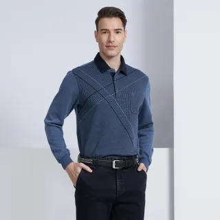 【pierre cardin 皮爾卡登】休閒服飾 蓄熱保暖大定位斜格厚長袖POLO衫-藍色(5225292-37)
