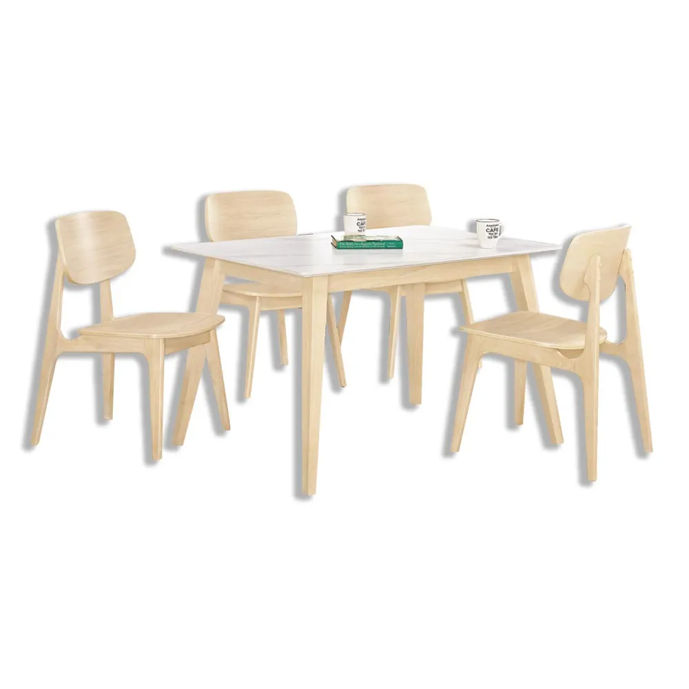 【BODEN】明斯4尺北歐風白色岩板實木餐桌椅組合(一桌四椅)