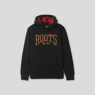 【Roots】Roots 男裝- 格紋風潮系列 文字LOGO刷毛布連帽上衣(黑色)