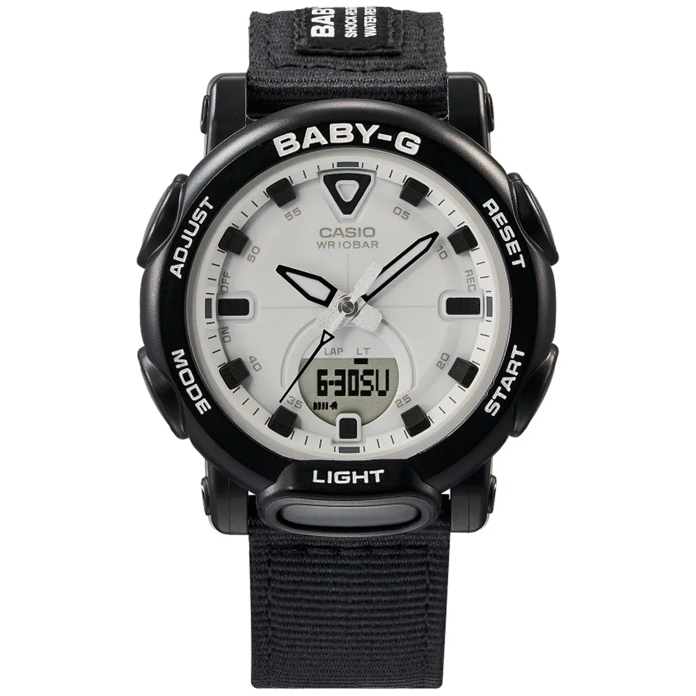 【CASIO 卡西歐】BABY-G 都會戶外風格/帆布錶帶/41mm/黑x白(BGA-310C-1A)