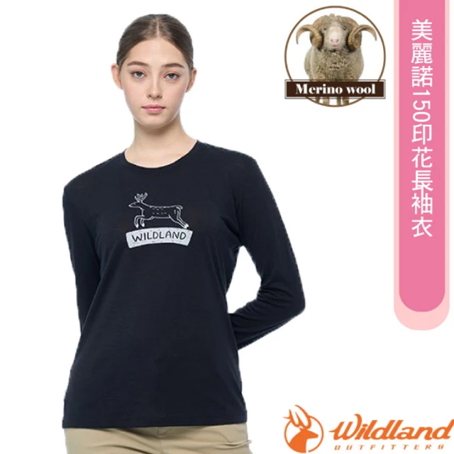 【Wildland 荒野】女 100%美麗諾150印花長袖衣.抗菌抗臭.四面彈性(0B02601-54 黑)