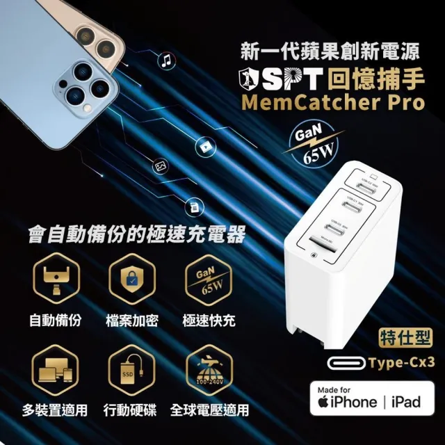 【SPT聖保德】65W 氮化鎵 GaN Type C 3孔 回憶捕手 MemCatcher Pro 3C 備份快速充電器(蘋果 MFi 認證)