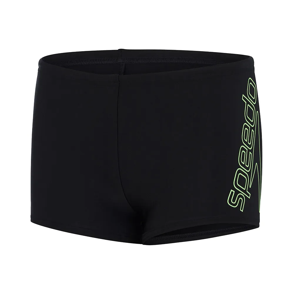 【SPEEDO】男孩 運動四角泳褲 Boom Logo(黑/綠)