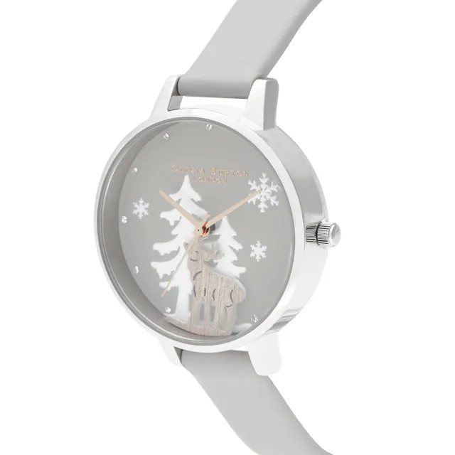 Olivia Burton】Winter Wonderland系列-鋼殼麋鹿灰面灰皮帶腕錶-30mm