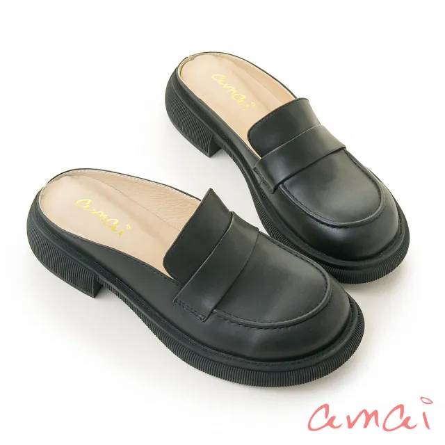 【amai】大圓頭低跟穆勒鞋 樂福鞋 厚底鞋 休閒鞋 低跟鞋 懶人鞋 半拖鞋 大尺碼 ML-1BK(黑色)