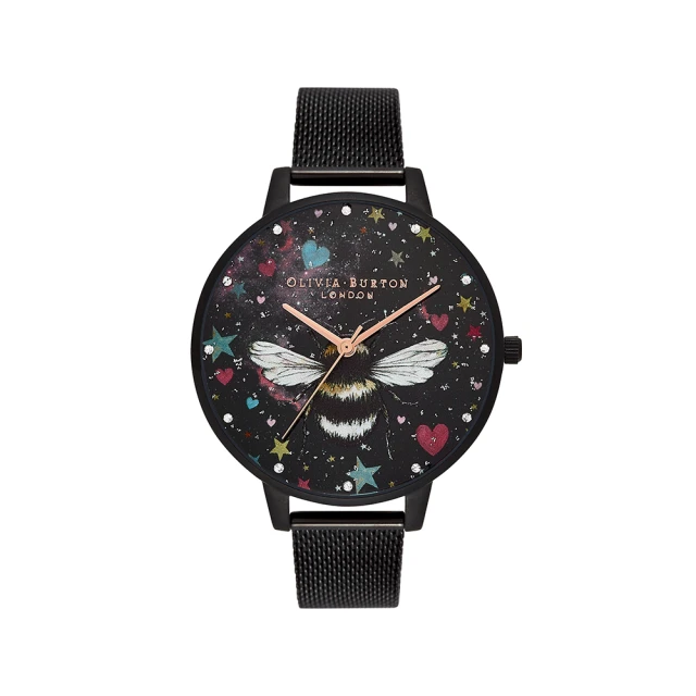 Olivia Burton NIght Garden系列-黑殼帶昆蟲面黑面米蘭腕錶/薄殼-38mm(OB16WG87)