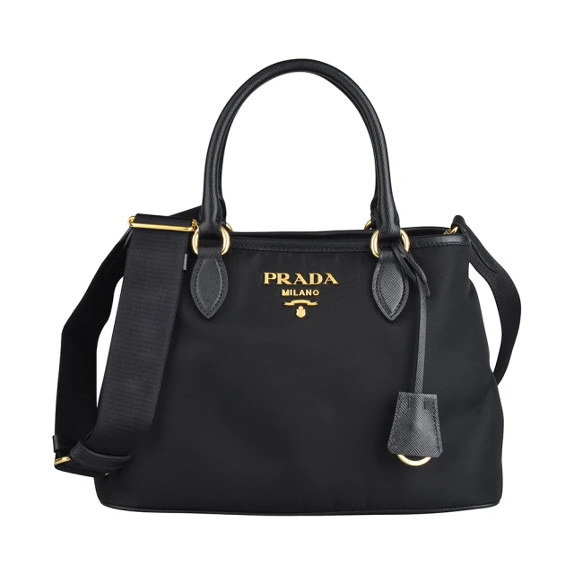 PRADA 普拉達 PRADA浮雕字LOGO尼龍拼接防刮牛皮磁扣式手提/斜背托特包(中/黑)