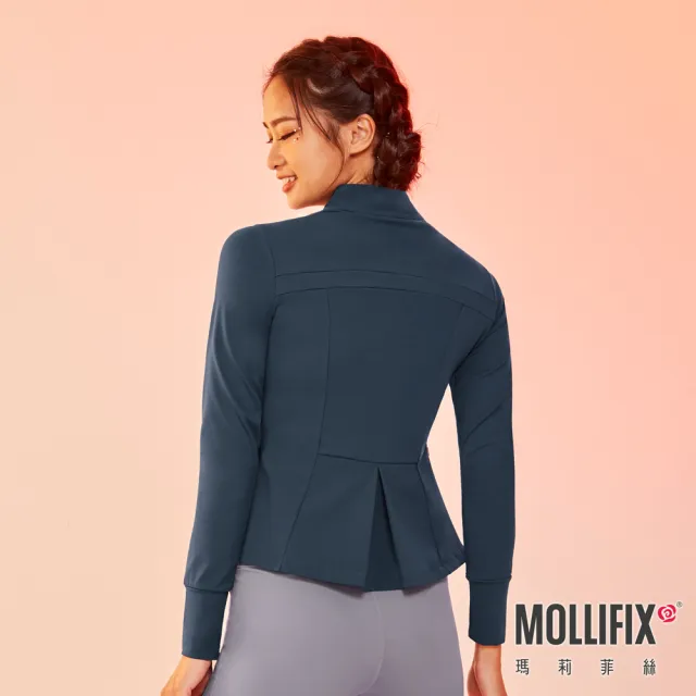 【Mollifix 瑪莉菲絲】立體修身傘狀訓練外套、瑜珈服、瑜珈上衣、運動外套(藍綠)
