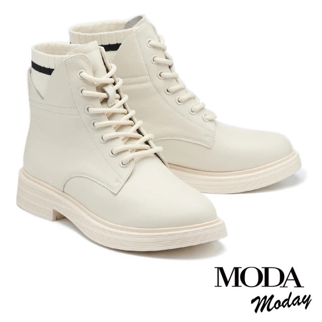 【MODA Moday】純色質感牛皮綁帶Q軟厚底短靴(米白)