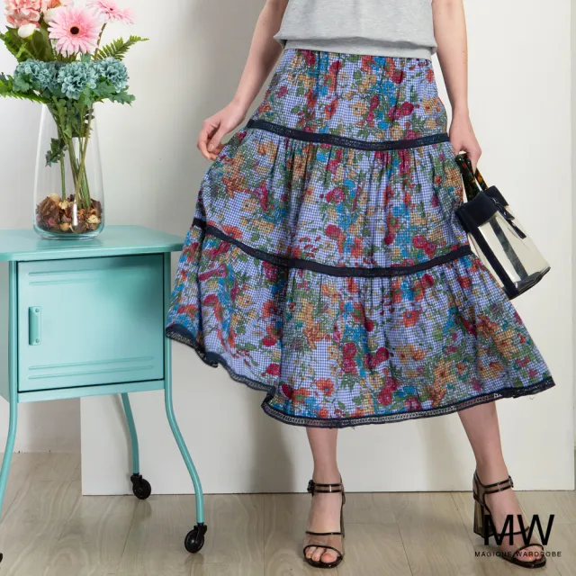 【MAGIQUE WARDROBE】純棉格紋印花拚接蕾絲長裙(2色)