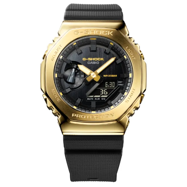 CASIO 卡西歐】G-SHOCK 時尚經典八角型農家橡樹金屬錶殼雙顯錶-黑金(GM