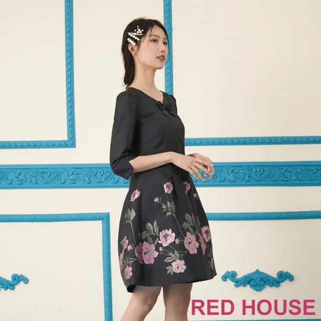 【RED HOUSE 蕾赫斯】心型領玫瑰緹花洋裝(黑色)