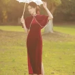 【米蘭精品】連身裙改良式旗袍(金絲絨披肩無袖高雅女裙子3色74cn36)