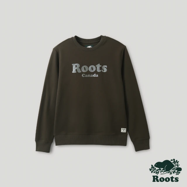 Roots Roots 男裝- 炫光系列 金屬文字LOGO雙面布圓領上衣(黑橄欖色)