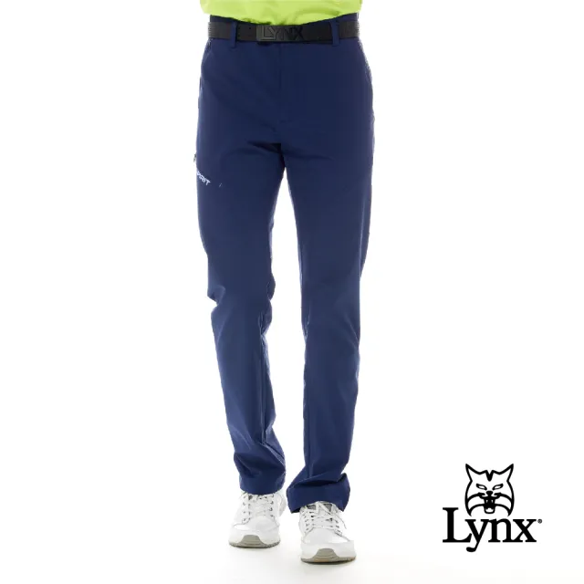 【Lynx Golf】男款日本進口布料防潑水機能隱形拉鍊大腿繡花側袋平口微窄管休閒長褲(二色)