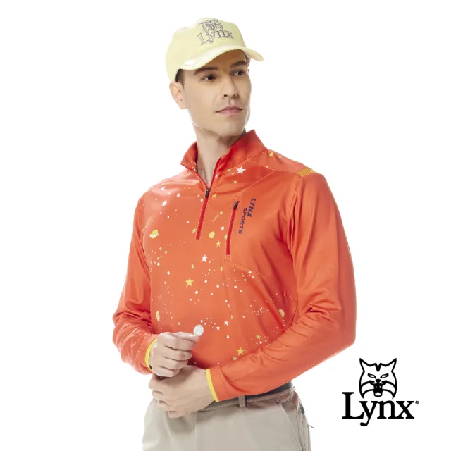 【Lynx Golf】男款合身版吸排拉鍊胸袋兩臂羅紋剪裁宇宙星空印花長袖POLO衫(三色)