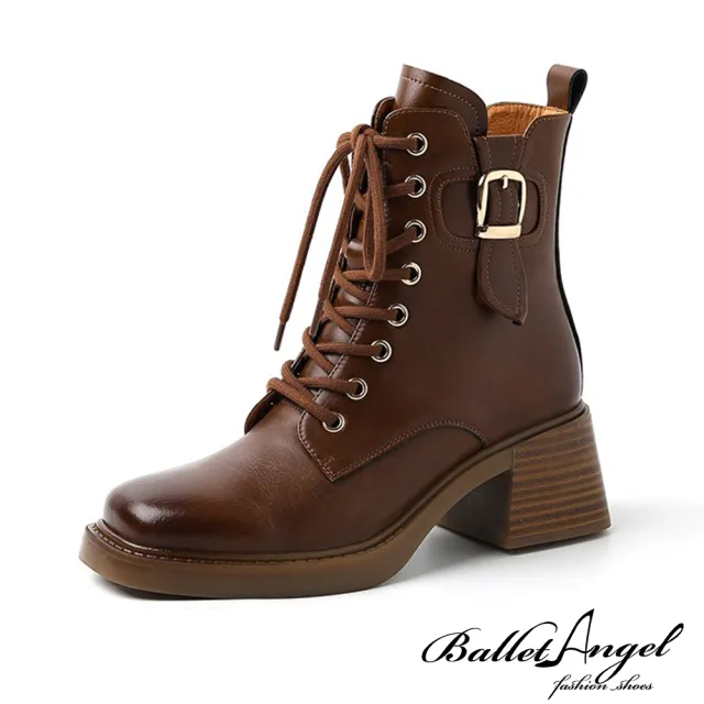 【BalletAngel】跟靴 質感魅力綁帶皮帶釦方頭馬汀靴(咖)