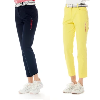 【Lynx Golf】女款彈性舒適純棉可放TEE設計後腰剪接LOGO織帶窄管九分褲(二色)
