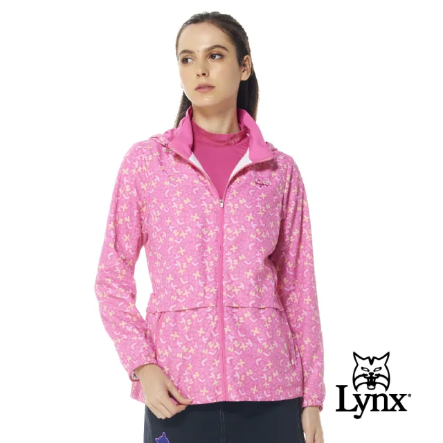 【Lynx Golf】女款保暖舒適TRICOT內刷毛塗鴉風彩色Lynx英文印花長袖可拆式連帽外套(二色)