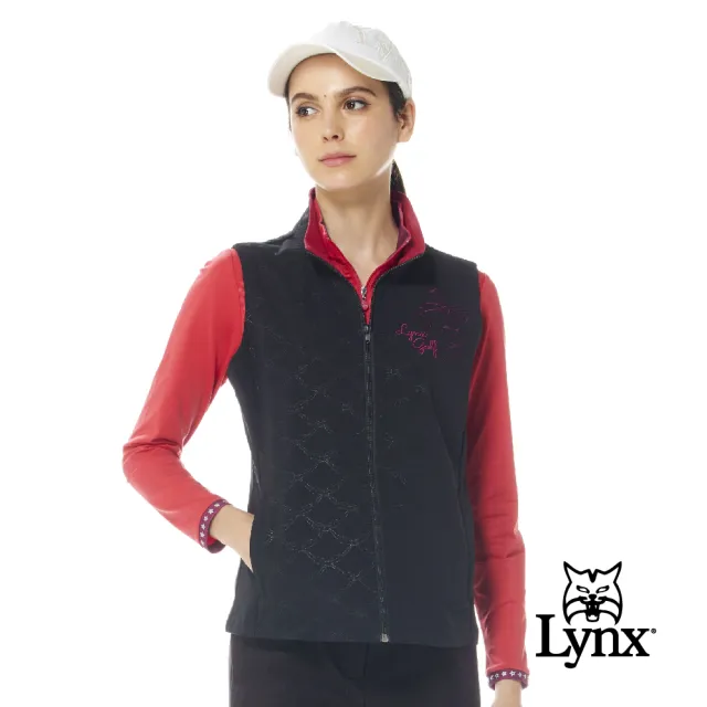 【Lynx Golf】女款防風防潑水保暖拉鍊口袋蝴蝶結繡花壓紋系列無袖背心(三色)