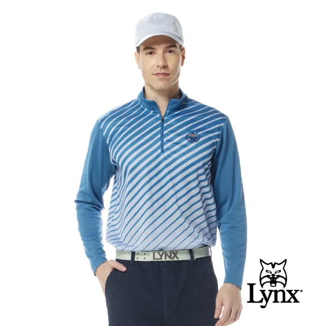 【Lynx Golf】男款吸濕排汗滿版流線造型後背剪接LOGO織帶長袖立領POLO衫(三色)