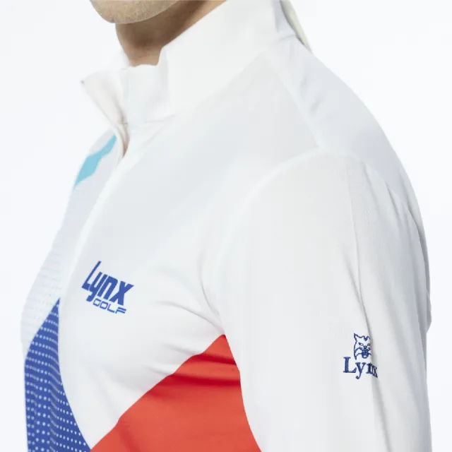 【Lynx Golf】男款吸濕排汗流線感跳色印花長袖立領POLO衫/高爾夫球衫(白色)