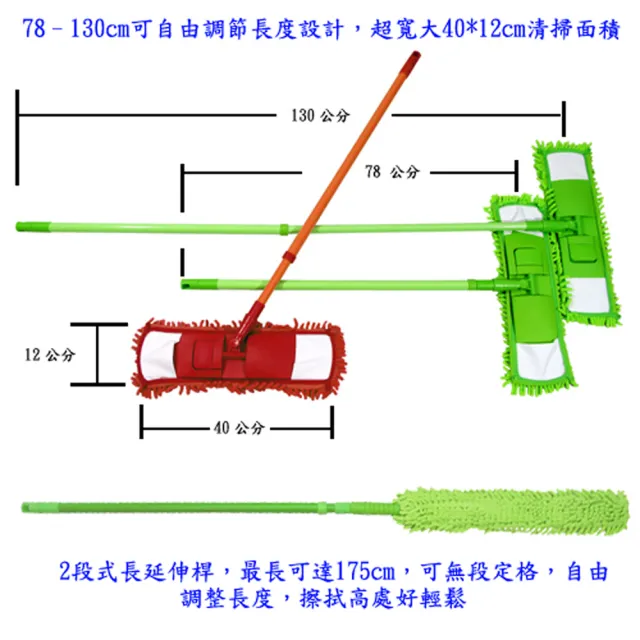 【月陽】超值組合超細纖維175cm擦高擦低除塵撢加寬靜電除塵拖把(SP178)