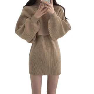 【AS 梨卡】韓國高領披肩燈籠袖長袖羊毛毛衣+針織連身裙連身長裙兩件式套裝DR203
