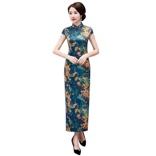 【米蘭精品】連身裙改良式旗袍(仿真絲雙層開叉長款女裙子74cn21)