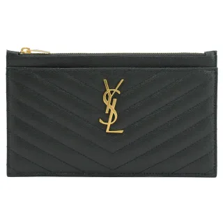 【YSL】金屬字母LOGO菱格V字紋大手拿包萬用包簡易長夾(深綠)