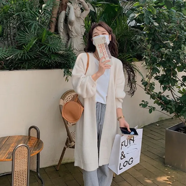 【AS 梨卡】秋冬氣質復古寬鬆羊毛毛衣中長版螺紋針織外套DR204