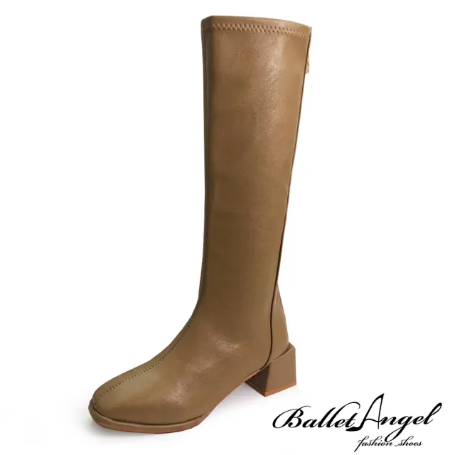 【BalletAngel】完美作風素面方頭長筒跟靴(卡其)